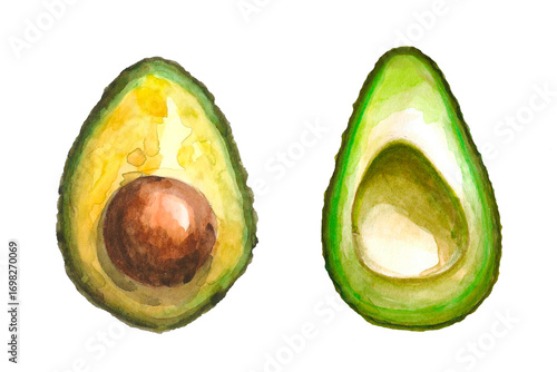 Two halves of ripe avocados showcase their rich green flesh and smooth texture. Perfect for a healthy meal or snack. Ideal for culinary inspiration.