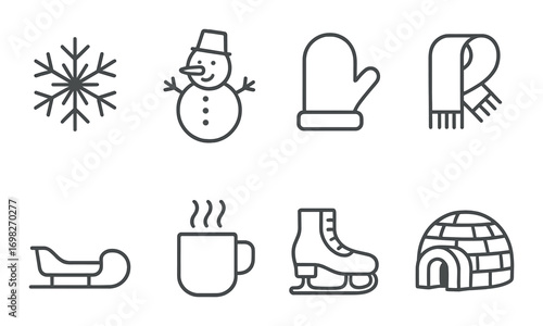 Winter icons: snowman, snowflake, mittens, scarf, sled, hot drink, ice skate, igloo
