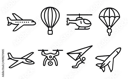 Outline icons of airplane helicopter aviation parachute hot air balloon and drone