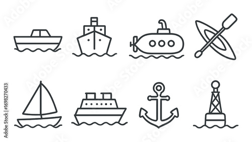 Minimalist nautical icon set featuring various sea vessels and maritime symbols