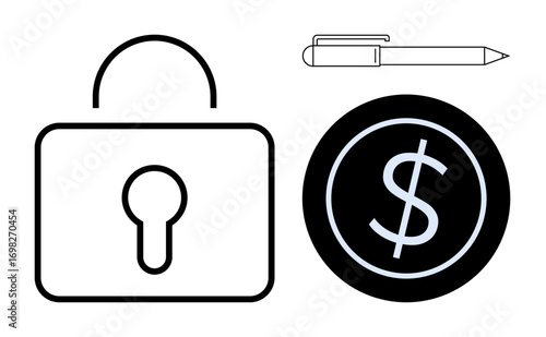 Lock representing security, dollar coin for finance, and pen for agreements. Ideal for finance, security, transactions, contracts, e-commerce, digital signatures flat concept