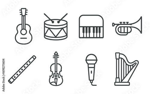 Musical instruments icons set: guitar, drum, piano, trumpet, flute, violin, microphone, harp