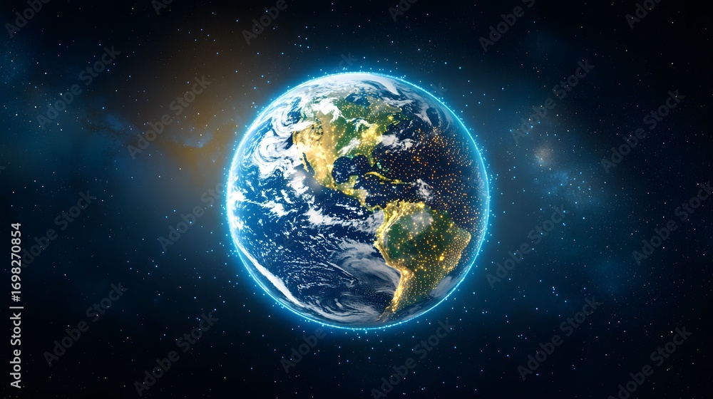Naklejka premium The image shows a vibrant, detailed rendering of planet Earth against a backdrop of stars and galaxies, surrounded by a glowing blue halo representing its atmosphere.