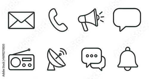 Communication icons: email, phone, megaphone, message, radio, satellite, chat, bell