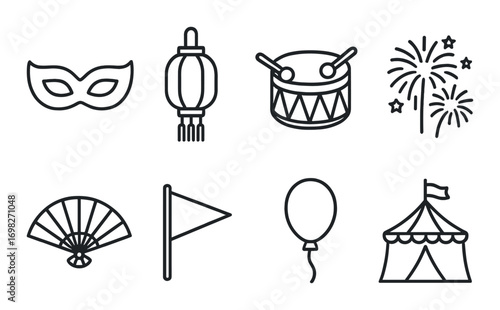 Festival icons: mask, lantern, drum, fireworks, fan, flag, balloon, tent