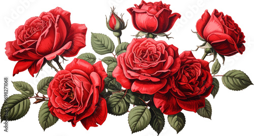 Red roses vintage illustration. Beautiful blooming red roses. Romantic red floral bouquet. Elegant red roses artwork. Rose flower botanical print. Classic red rose blossoms
