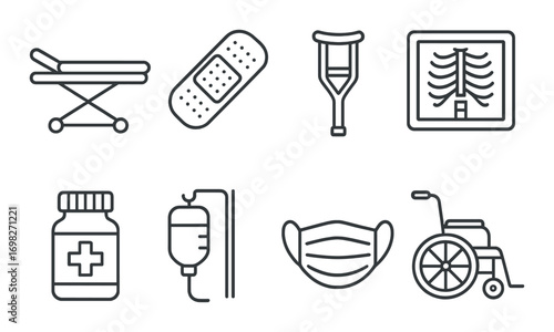 Medical equipment icons: stretcher, bandaid, crutch, x-ray, medicine, iv, mask, wheelchair