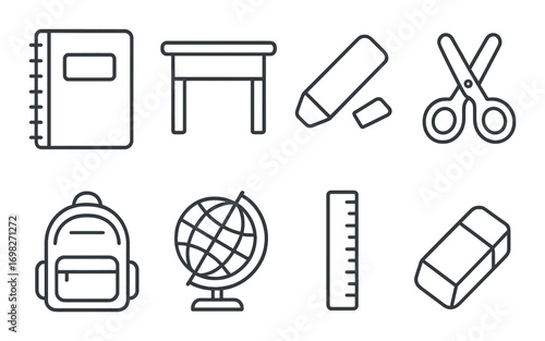 Back-to-school essentials: notebook, desk, pencil, scissors, backpack, globe, ruler, eraser icons