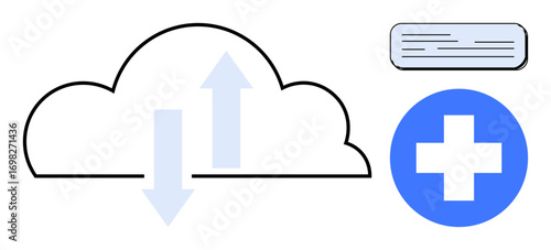 Cloud outline with up and down arrows, digital data representation, and healthcare cross icon. Ideal for technology, cloud computing, healthcare, innovation, data management, connectivity simple