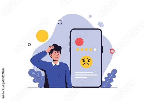 Frustrated man reacts to negative online reviews and low ratings on smartphone screen