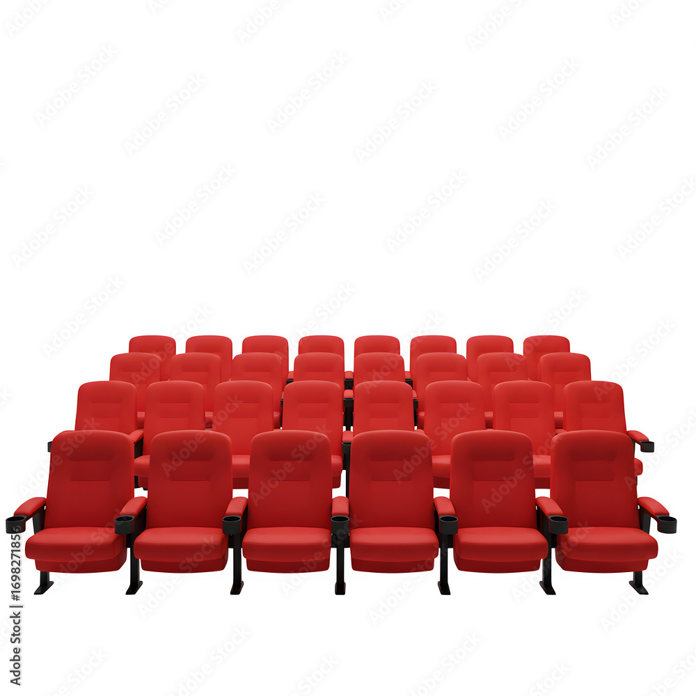Naklejka premium Rows of red cinema chairs neatly arranged in an empty movie theater, perfect for cinema, entertainment, and design concepts. Isolated on white or transparent background. PNG format.