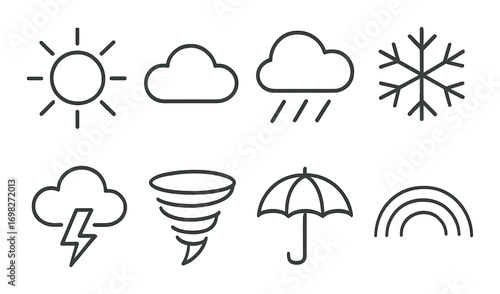 Weather icons set: sun, cloud, rain, snowflake, lightning, tornado, umbrella, rainbow
