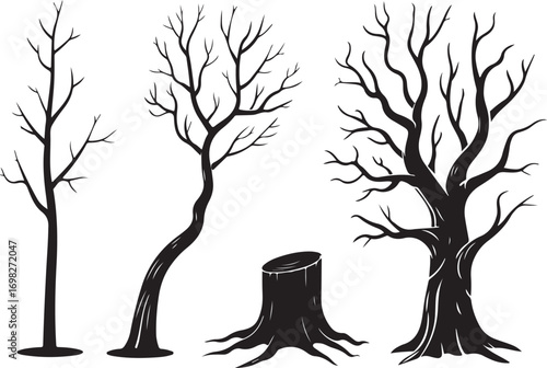 Silhouette Illustration of Trees and Tree Stumps on Transparent Background for Design