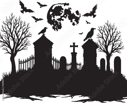 Halloween graveyard silhouette with bats and full moon Keywords: halloween, graveyard, cemetery