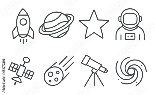 Space exploration icons: rocket, planet, star, astronaut, satellite, asteroid, telescope, galaxy