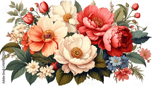 Beautiful peony rose illustration. Colorful vintage floral bouquet. Elegant flower art for decor. Hand drawn floral vector design. Romantic flowers vintage style