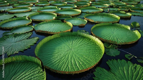 A view of victoria amazonica giant water lilies floating on the surface of a dark pond or lake area