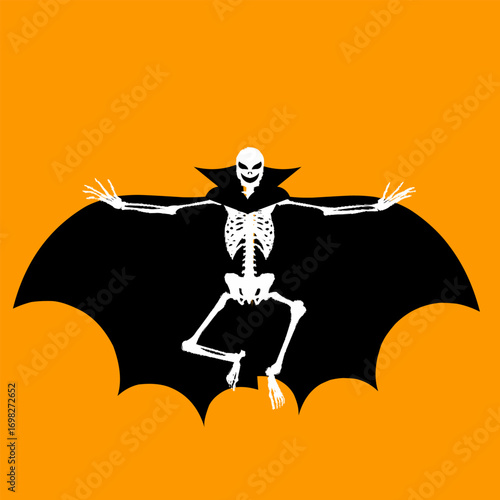 Skeleton bat-like creature with wings on orange background.