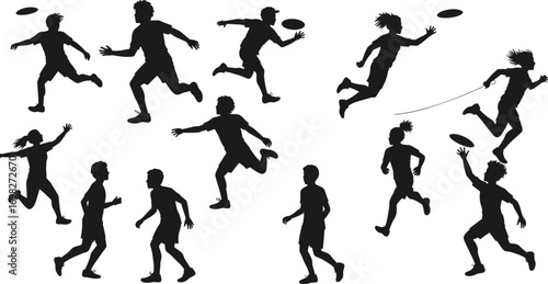 Frisbee silhouette, children playing, outdoor activity, running kids, black shadow, sport action, healthy lifestyle, jumping motion, throwing catching, fitness fun