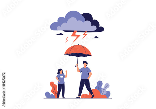 Protection from a storm illustration showing people holding an umbrella under a dark cloud with lightning