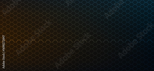 Elegant dark background features a symmetrical grid of rounded rhombuses with an amber glow on the left side transitioning to a cool blue tone on the right, unified by a central sine wave