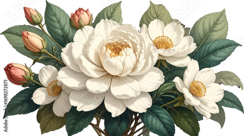 Luxury floral botanical artwork. Blooming peony and roses art. Stylish botanical flower drawing. Decorative vintage floral set. Elegant flower artwork for print