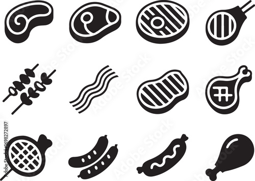 Variety of Grilled Meat Cuts and Skewers Silhouette Icons Set for Food and Culinary Projects