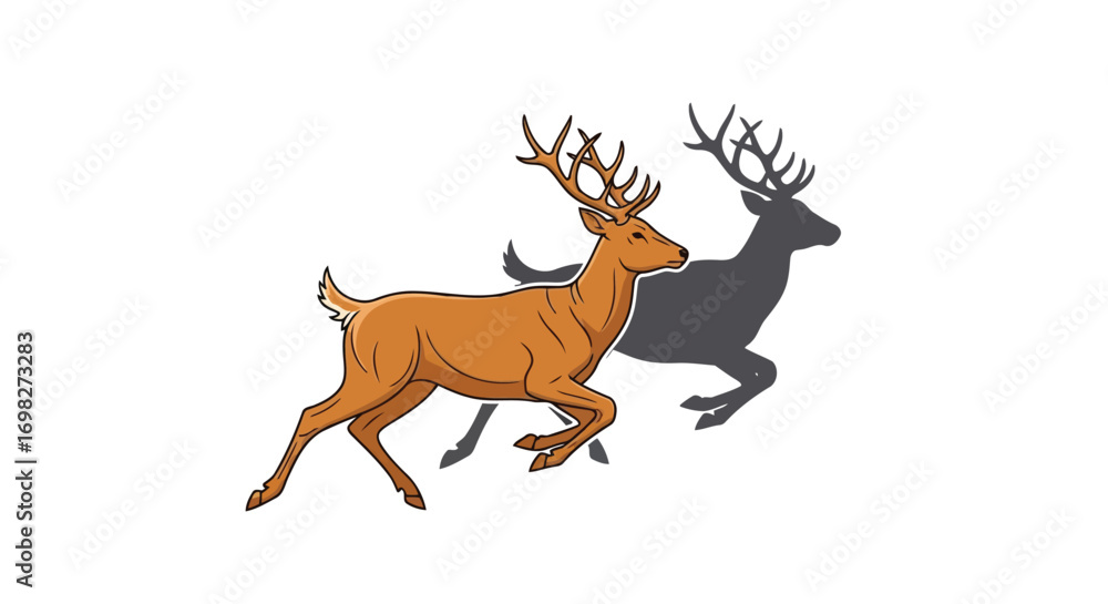 Fototapeta premium Vector illustration of running deer with a shadow, illustrating movement and freedom