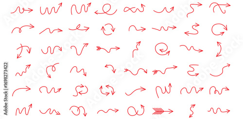 A collection of vibrant hand drawn red arrows each pointing a unique way to the future with on transparent background