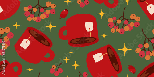 Flat seamless vector with rowan berries and red cup on dark green background. Perfect for textiles, wrapping and seasonal designs.