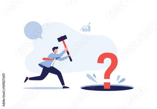 Man with hammer trying to solve a big question mark emerging from a hole illustration