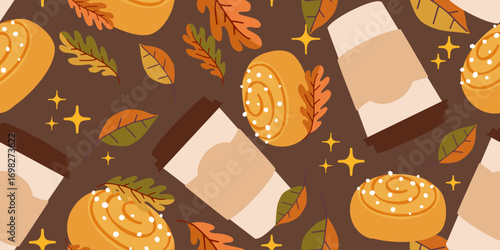 Flat seamless vector with paper coffee cup, bun and autumn leaves on dark background. Great for textile, wrapping, banners and seasonal prints.