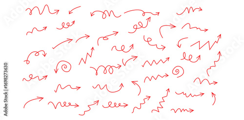 A playful collection of hand drawn red arrows pointing in various directions hinting at on transparent background