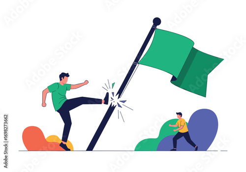 Two individuals competing on a whiteboard while a green flag flutters on a pole symbolizing success and achievement