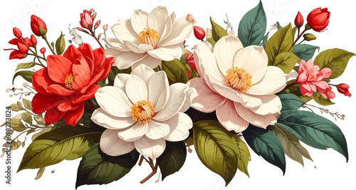 Watercolor inspired flower design. Botanical vintage floral bouquet. Artistic flower arrangement clipart. Romantic floral bouquet illustration. Classic elegant flower arrangement