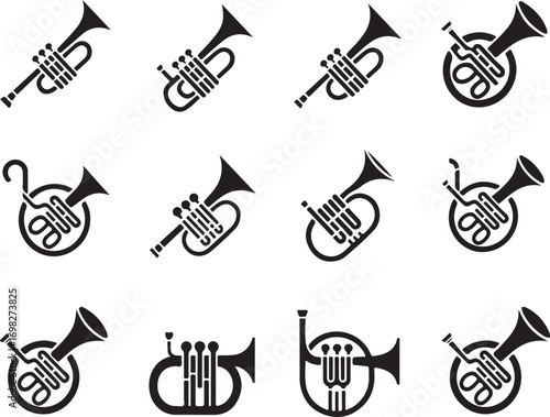 Brass Instrument Vector Silhouettes on Transparent Background for Orchestral and Musical Themes