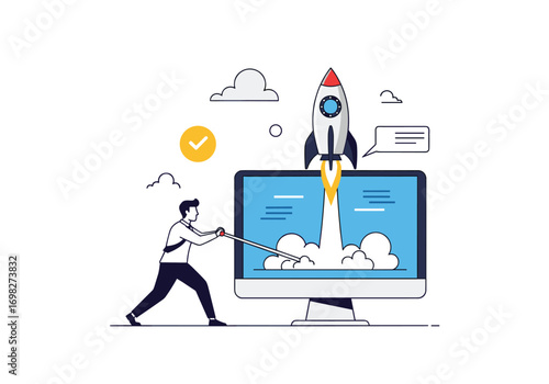 Illustration of a business launching a new project with a rocket taking off from a computer screen and a person pulling a rope