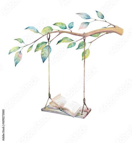 Billede på lærred Wooden swing with open book on abstract tree branch with colorful leaves hand drawn watercolor illustration isolated on white background