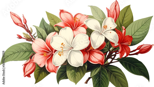 Lush tropical exotic flower bouquet. Decorative plumeria blossom design. Soft pastel tropical flower bouquet. Elegant summer floral composition. Tropical floral artwork for decor