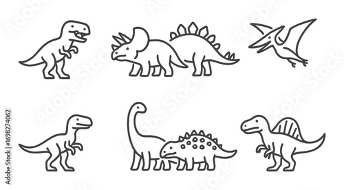 Outline illustrations of various dinosaurs on a dark background