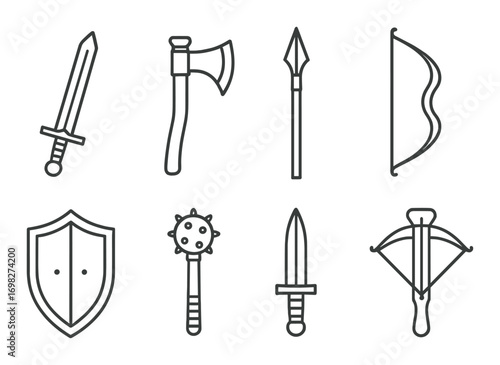 Medieval weaponry and armor icons on dark background