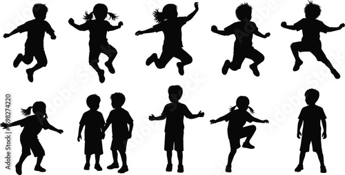 Jumping children silhouette, kids playing outdoors, childhood fun, happy boys and girls, energetic movement, summer playtime, freedom, joy, activity, motion