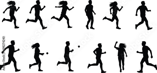 Running silhouette, jogging people, athletic fitness, outdoor exercise, black shadow, man woman running, sport activity, training workout, marathon sprint, jogging