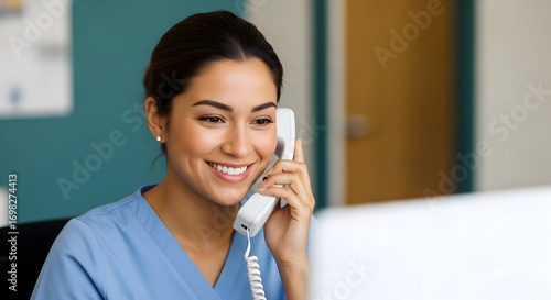 Smiling female receptionist answering phone call in medical office healthcare professional friendly help support service customer care assistance