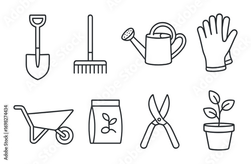 Gardening tools icon set featuring shovel, rake, watering can, gloves, wheelbarrow, fertilizer, shears, potted plant