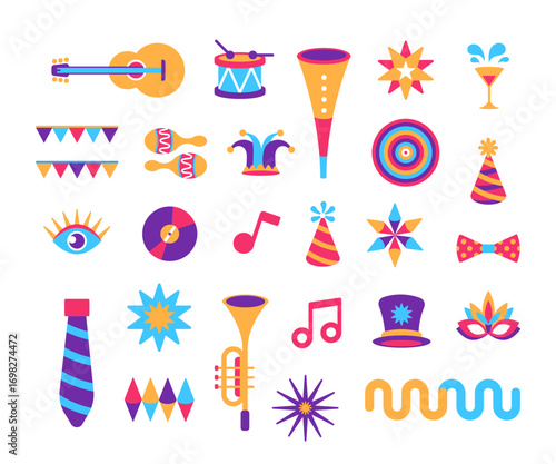 Carnival and purim stuff. Musical instruments, holiday toys, traditional props, geometric forms, masks, sparkles on white background. Modern flat style design.