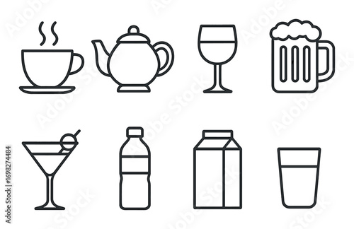 Variety of beverage icons: coffee, tea, wine, beer, martini, water, milk, juice illustrations