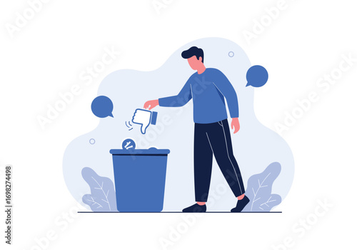 Person discarding negative feedback and dislikes into a trash can illustration