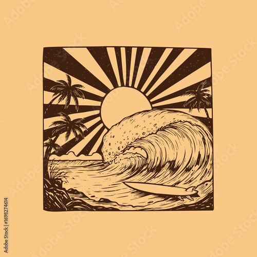 Vintage Engraved Tropical Beach Scene with Crashing Wave, Surfboard, and Palm Trees