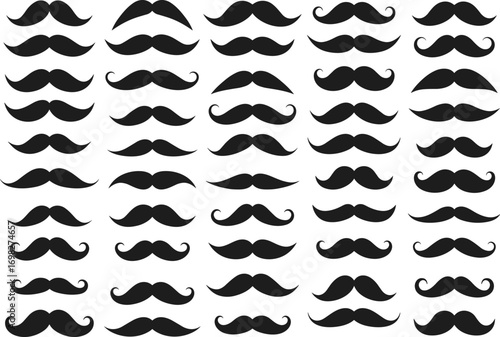 Mustache silhouette collection, vintage mustaches set, black facial hair icons, retro grooming style, hipster clipart, barbershop vector design, illustration pack